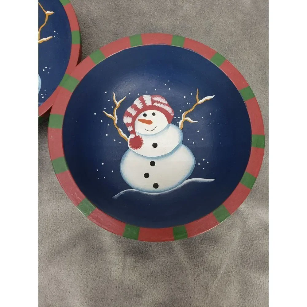 Set of 2 Country Primitive Snowman Bowls Wooden Farmhouse Christmas Bowls‎